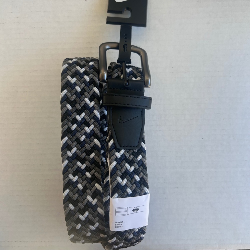 Nike Belt Men Large 38-40 Navy Grey White Woven Braided Stretch Golf Essentials